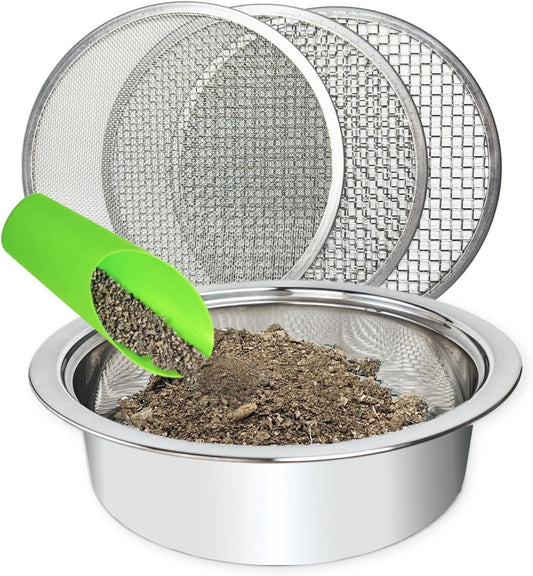 Soil Sifter for Gardening, 12 Inch Stainless Steel Soil Sifter with 4 Replaceable Fine Screens and Shovel, Sieve for Sand Rocks Dirt Compost