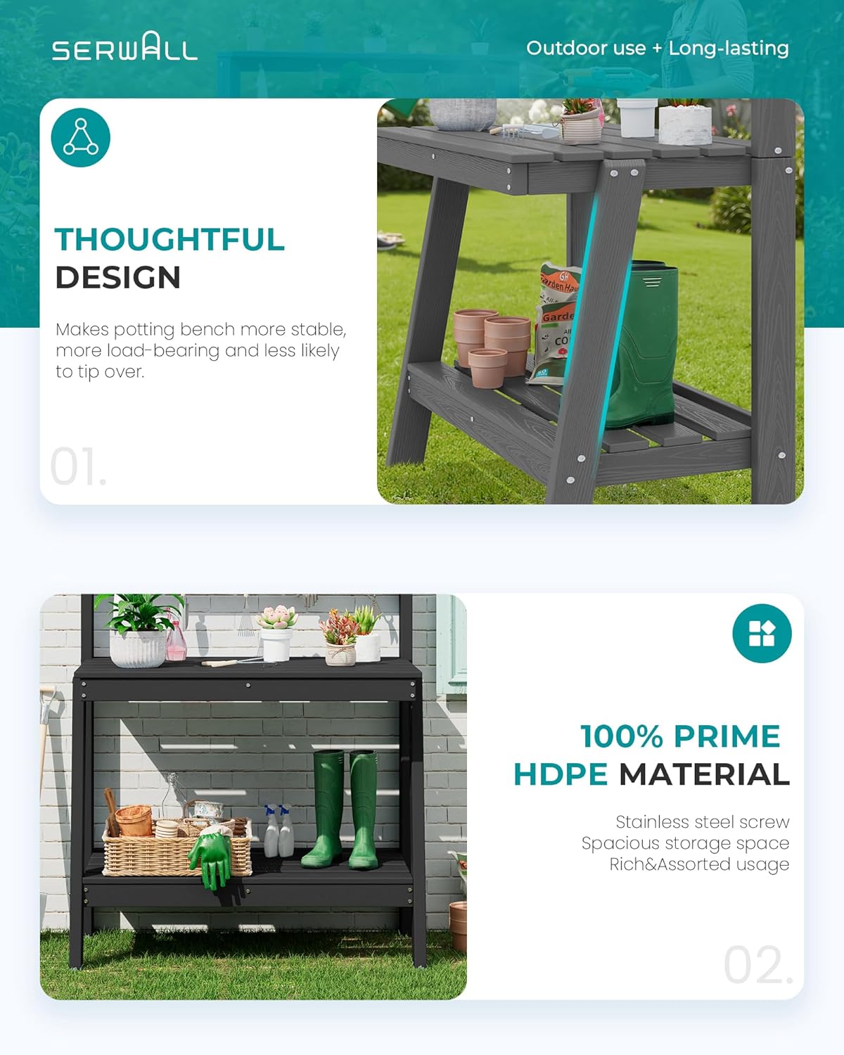 SERWALL Outdoor Potting Bench with Removeable Sink,Rot-Resistant HDPE Potting Table for Outside Gardening, All Weather Use - Gray