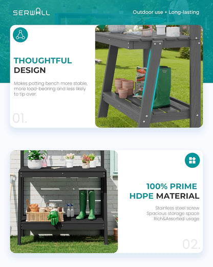 SERWALL Outdoor Potting Bench with Removeable Sink,Rot-Resistant HDPE Potting Table for Outside Gardening, All Weather Use - Gray