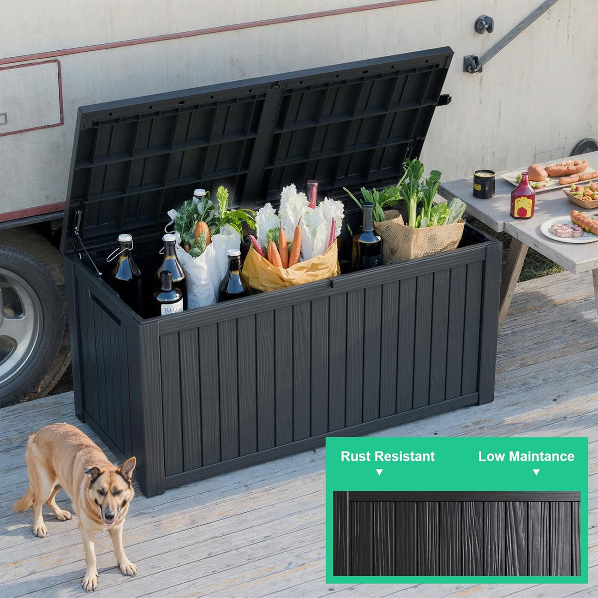 30 Gallon Outdoor Deck Box, Lockable Waterproof Outdoor Storage Boxes For Garden Tools,Indoor Cushions,Accessories Outside Storage Resin Weatherproof Container(Black)