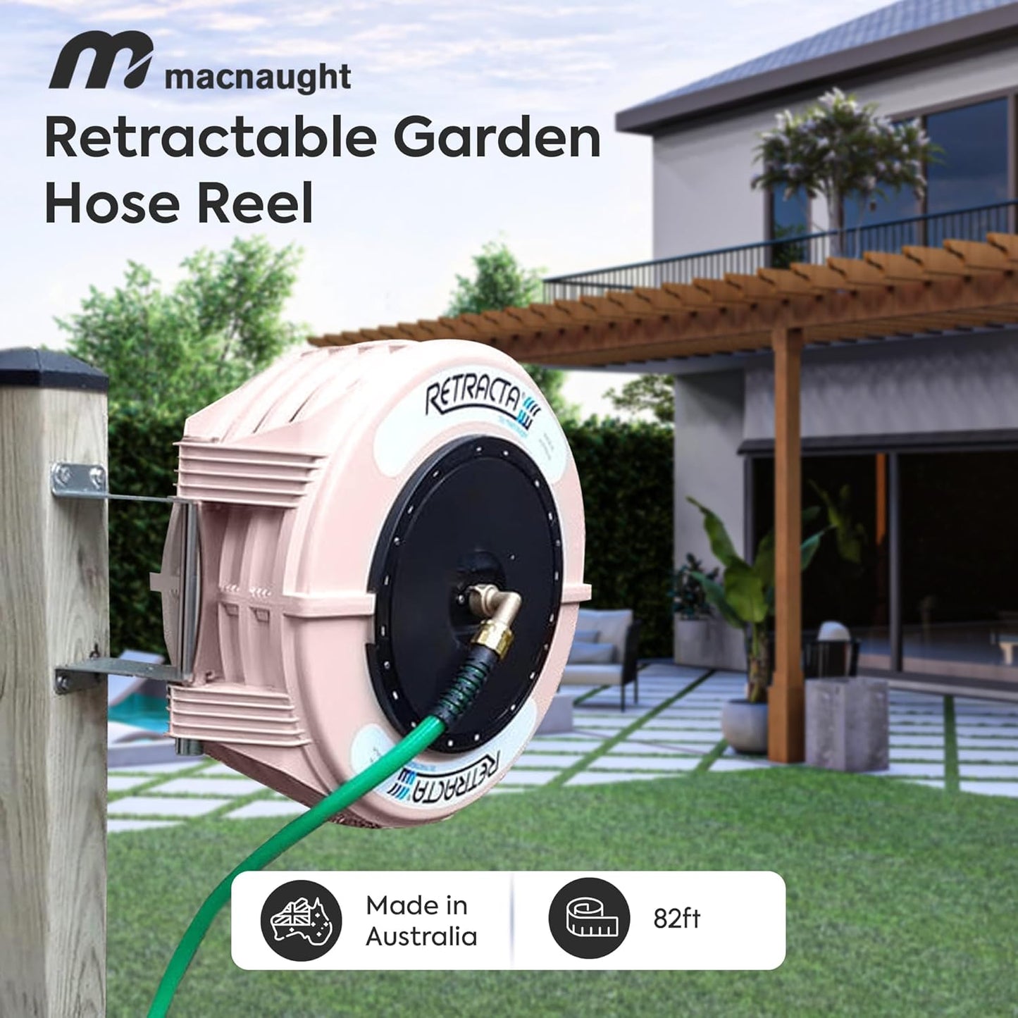 Macnaught Retractable Garden Hose Reel, 82 Ft Water Hose Reel Heavy Duty Retractable Hose with Metal 180° Swivel Rotation Bracket for Wall Mount - Gray