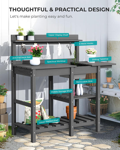 SERWALL Outdoor Potting Bench with Removeable Sink,Rot-Resistant HDPE Potting Table for Outside Gardening, All Weather Use - Gray