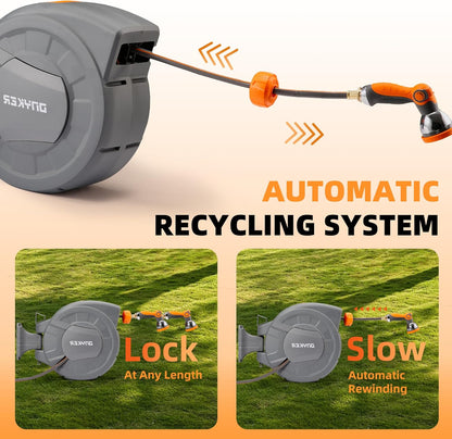 Retractable Garden Hose Reel, 1/2 inch x 100 ft Water Hose Reel Wall Mounted, Any Length Lock, Slow Auto-Rewind, 180°Swivel Bracket & 10 Pattern Nozzle