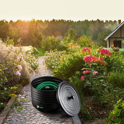 Ribbed Steel Garden Hose Pot Holder with Lid Black 16 x 12 Inches | Hose for Outside|Hose Pot Container (Magnetic Steel, Black)