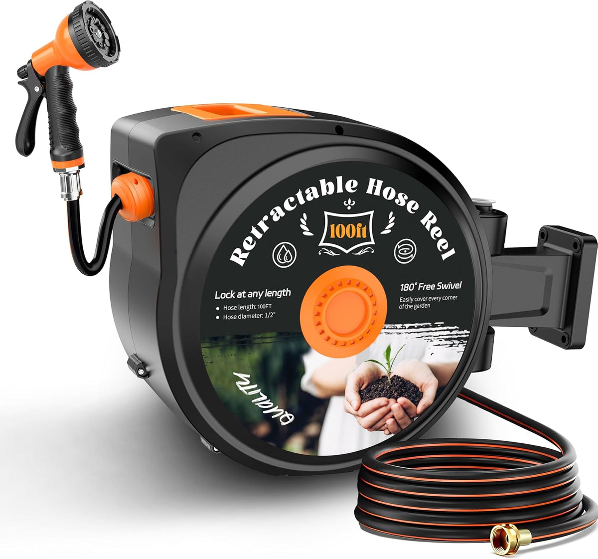 Retractable Garden Hose Reel, 50 ft x 1/2" Wall Mounted 180° Swivel Bracket, Any Length Lock, Slow Return System, 10-Pattern Nozzle for Garden Watering, Car Washing, Patio Cleaning & Outdoor Use