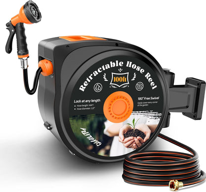Retractable Garden Hose Reel, 50 ft x 1/2" Wall Mounted 180° Swivel Bracket, Any Length Lock, Slow Return System, 10-Pattern Nozzle for Garden Watering, Car Washing, Patio Cleaning & Outdoor Use