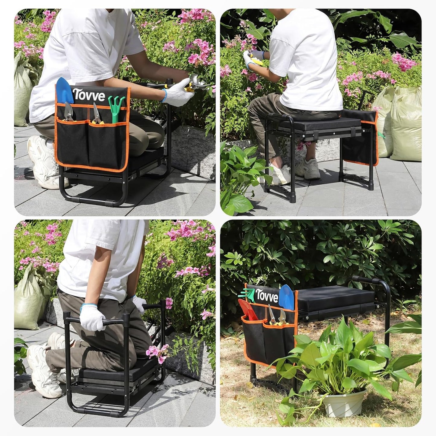 Tovve Foldable Garden Kneeler and Seat, Heavy Duty Garden Stool with 10" Wide Detachable Kneeling Pad, Portable Garden Bench Chair with Large Garden Tool Bag, Gardening Gifts for Women, Seniors, Mom