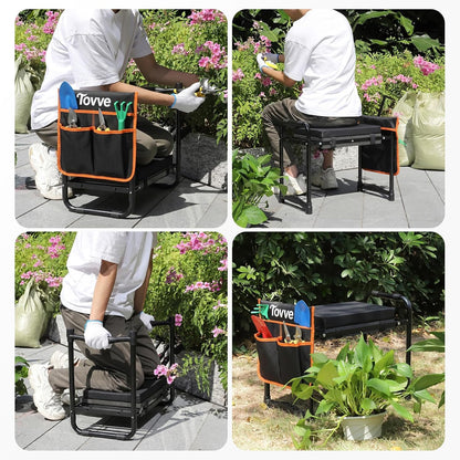 Tovve Foldable Garden Kneeler and Seat, Heavy Duty Garden Stool with 10" Wide Detachable Kneeling Pad, Portable Garden Bench Chair with Large Garden Tool Bag, Gardening Gifts for Women, Seniors, Mom