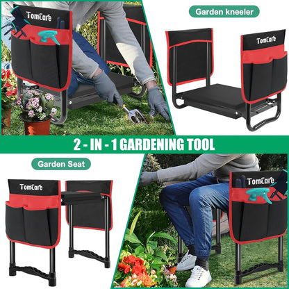 TomCare Garden Kneeler and Seat 10.64” Wider Larger Soft Kneeling Pad Garden Bench with 2 Large Tool Pouches Heavy Duty Garden Stool Foldable Tools Gardening Gifts for Women Men Gardeners