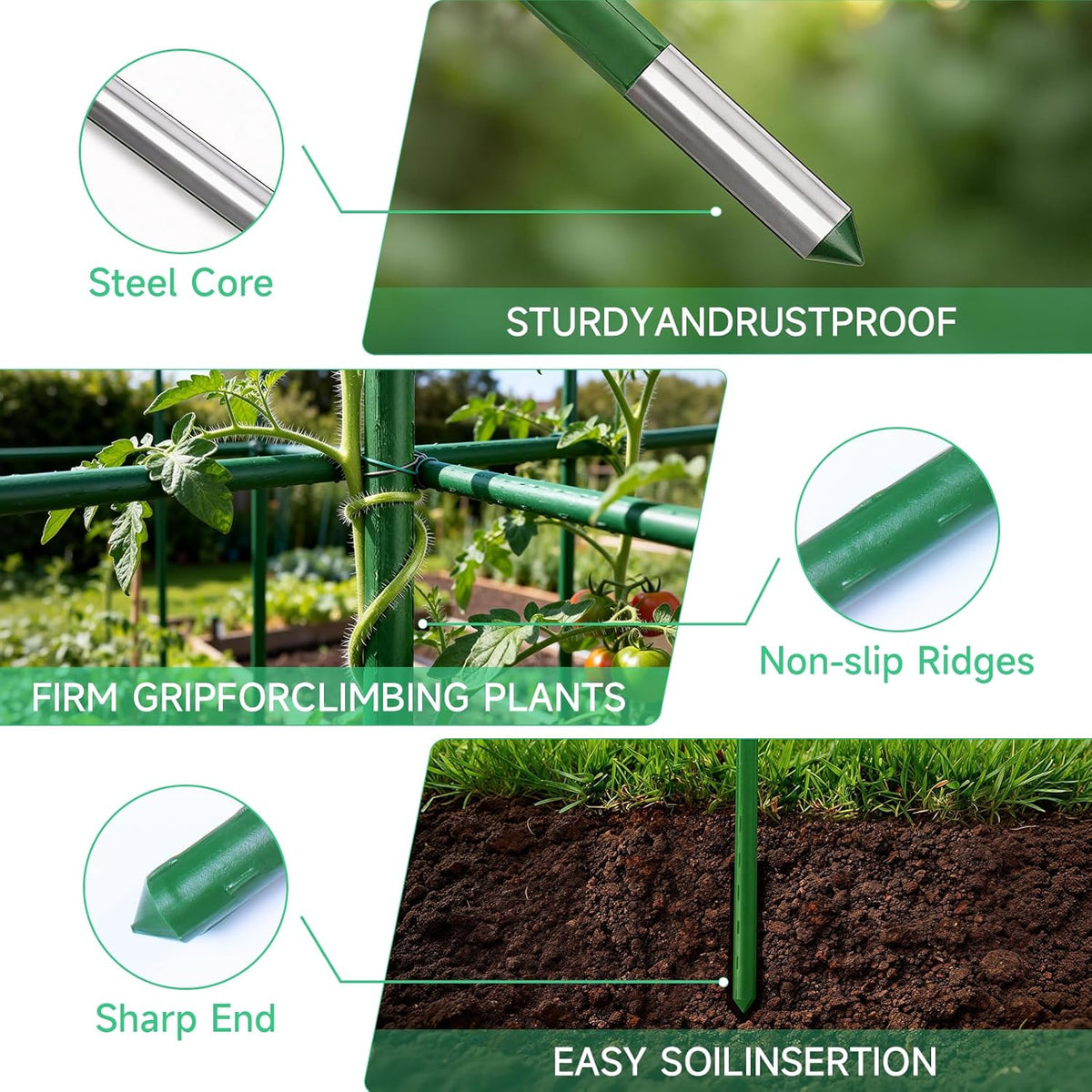 100 Pcs Tomato Stakes 16 Inch Garden Stakes for Outdoor Plants Support Plastic Coated Metal Plant Stakes Supports for Climbing Potted Plants with 50 Connectors 50 Rotatable Clips 165 Ft Twist Tie