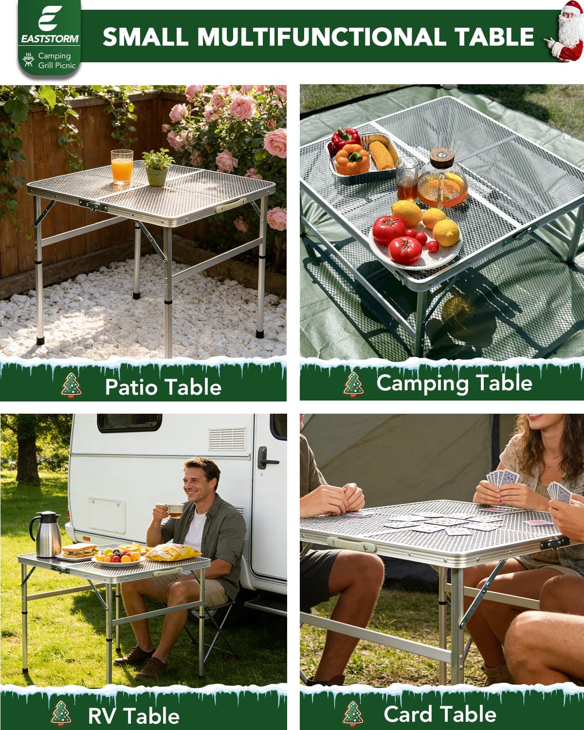 2Ft Small Folding Table with Carry Handle, Camping Table Adjustable Height 10.6–22 in, Black Metal Mesh, Portable & Compact for Outdoor/Indoor,Grill Table, 23.6×15.8 in, 4 lb, 66 lb Capacity