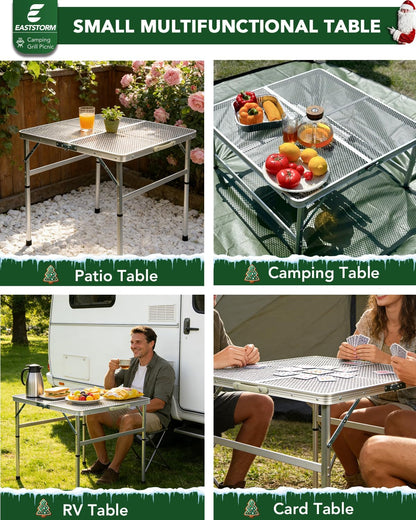 2Ft Small Folding Table with Carry Handle, Camping Table Adjustable Height 10.6–22 in, Black Metal Mesh, Portable & Compact for Outdoor/Indoor,Grill Table, 23.6×15.8 in, 4 lb, 66 lb Capacity