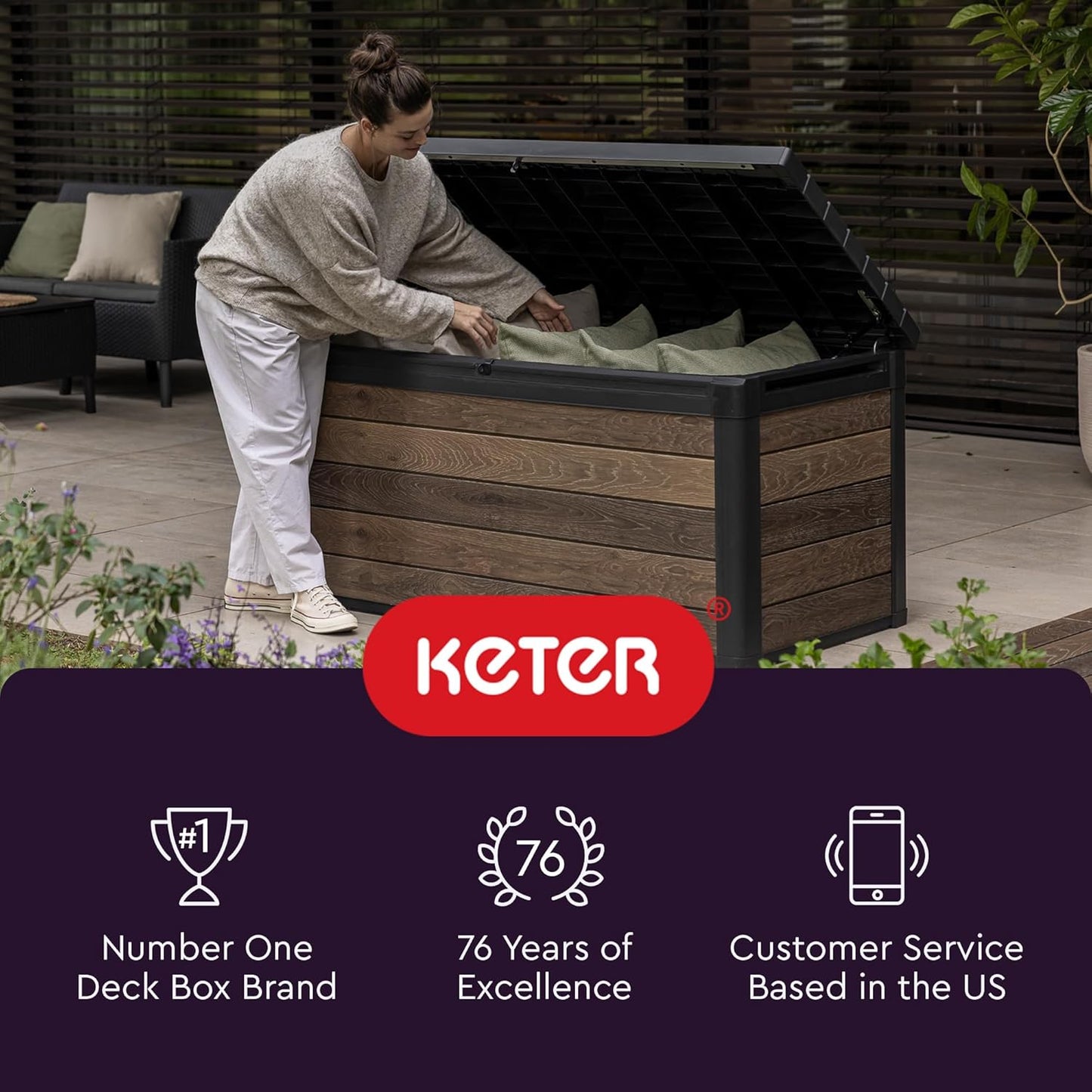 Keter Marvel Plus 71 Gallon Resin Outdoor Storage Box for Patio Furniture Cushions, Throw Pillows, Garden Tools and Pool Floats, Brown
