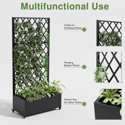 Casaphoria Metal Raised Garden Bed with Trellis and Wheels, 72"x47"x16" Planter Box for Climbing Plants, Vegetables & Vines, Features Drainage Holes and Privacy Screen (Black-Louver) - Colors D