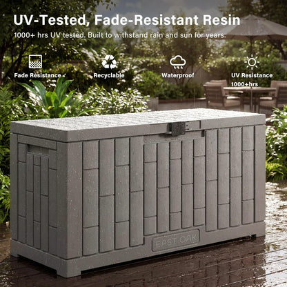 EAST OAK Outdoor Storage Box, 31 Gallon Deck Box Indoor and Outdoor Use, Waterproof Resin Storage Bin for Package Delivery, Patio Cushions, Gardening Tools, Lockable, UV Resistant, Grey