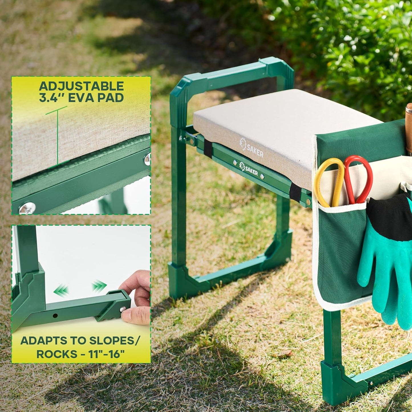 Saker Garden Kneeler and Seat Foldable Gardening Stool with Extendable Legs & Thickened Pad, Tool/Storage Bag, Heavy Duty 400lbs Support for Elderly, Gardening, Outdoor Use