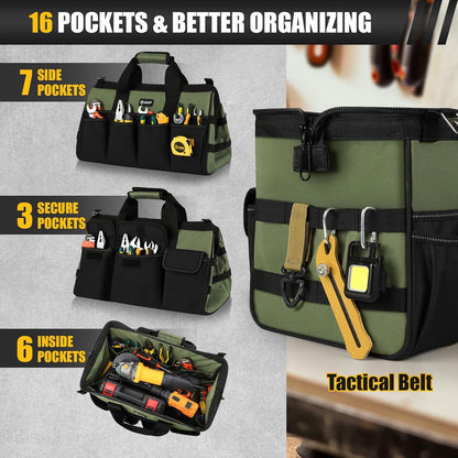 UUP Heavy Duty Tool Bag 15-Inch, 16-Pocket Portable Empty Tool Box Organizer, Big Storage Toolbox Organization, Soft Handle Large Zipper Carrying Toolbag, Father Day Gifts for Him Dad Men, Green