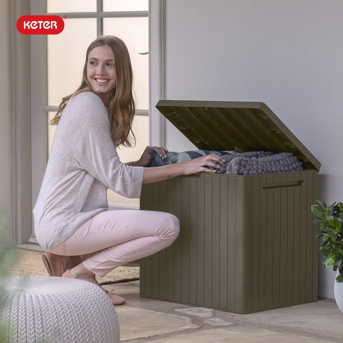 Keter City 30 Gallon Resin Outdoor Storage Box and Patio Furniture Side Table for Pool and Garden Accessories, Brown