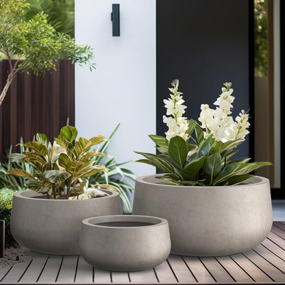 Kante 15.7" Dia Round Concrete Planter, Outdoor Indoor Garden Plant Pots with Drainage Hole and Rubber Plug, Modern Curvaceous Design, Slate Gray