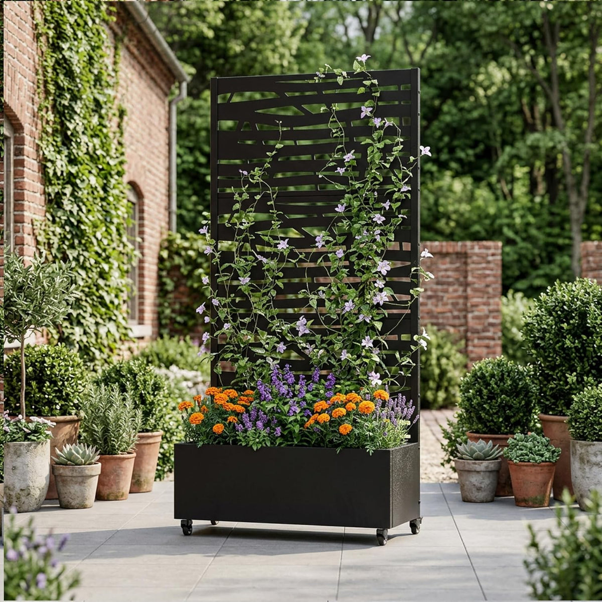 Casaphoria Metal Raised Garden Bed with Trellis and Wheels, 72"x47"x16" Planter Box for Climbing Plants, Vegetables & Vines, Features Drainage Holes and Privacy Screen (Black-Louver) - Colors A