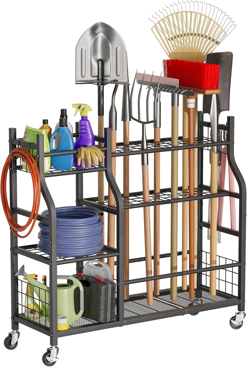 3 Tier Garden Tool Organizer, Garage Storage and Organization, Metal Yard Tools Storage up to 78 Tools, Heavy Duty Garden Tool Organizer for Garage, Yard, Patio, Shed, Indoors and Outdoors, Black