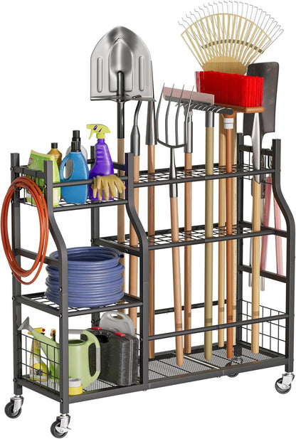 3 Tier Garden Tool Organizer, Garage Storage and Organization, Metal Yard Tools Storage up to 78 Tools, Heavy Duty Garden Tool Organizer for Garage, Yard, Patio, Shed, Indoors and Outdoors, Black