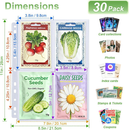 240 Pockets 3.5x5” Seed Packet Sleeves, 30 Pack Double Sided 4 Pocket Seed Organizer Sheet,Heavy Duty Garden Seeds Storage Pages for 3 Ring Binder, 8.5x11” Top Loading Clear Photo, Index Card Sleeves