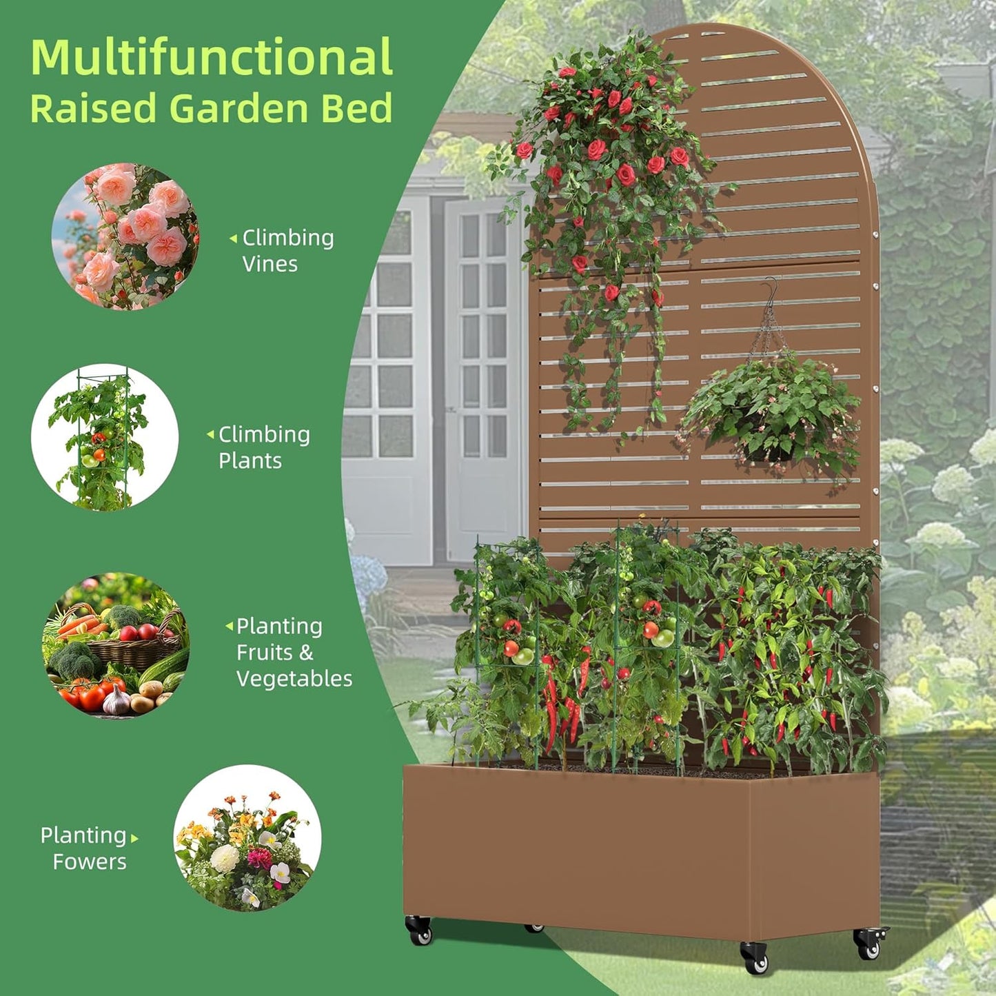 Casaphoria Metal Raised Garden Bed with Trellis and Wheels, 72"x47"x16" Planter Box for Climbing Plants, Vegetables & Vines, Features Drainage Holes and Privacy Screen (Black-Louver) - Colors D