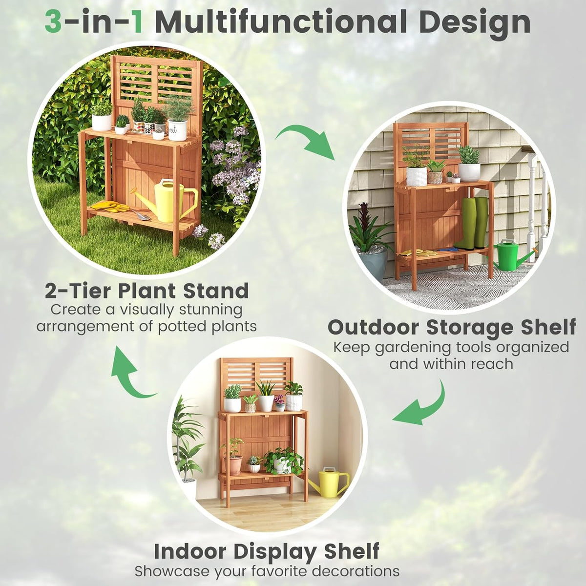 Garden Potting Bench Table, Folding Potting Bench Outdoor Workstation with Trellis & 2-Tier Shelves, Wood Potting Table for Outdoor, Deck, Balcony, Garden, Backyard