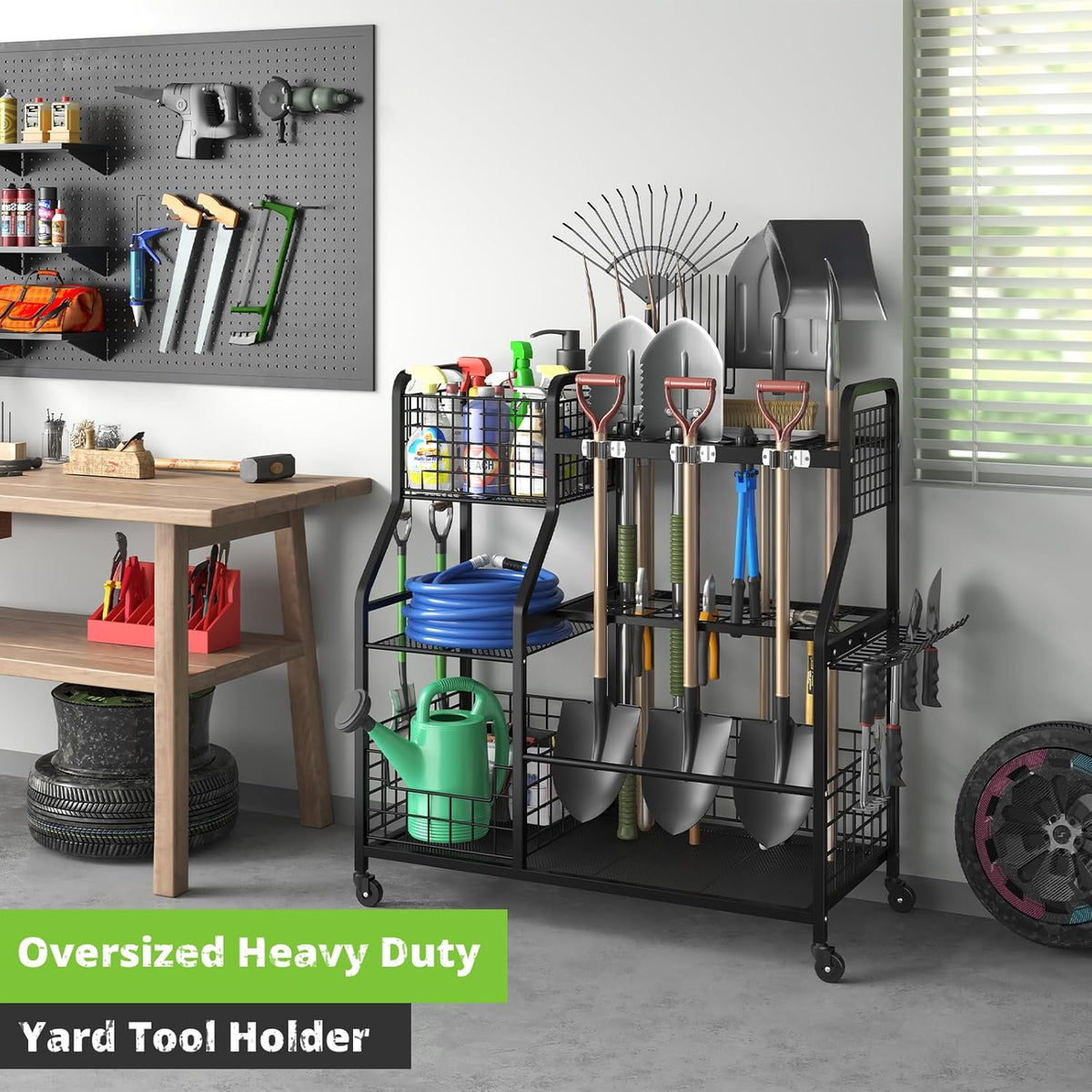 keomaisyto Garden Tool Organizer for Garage Organization, 3 Tier Yard Tool Storage Rack with 35 Long-Handled Tool Slots, Heavy Duty Garden Tool Holder with Large Hooks for Shed, Yard, Garage