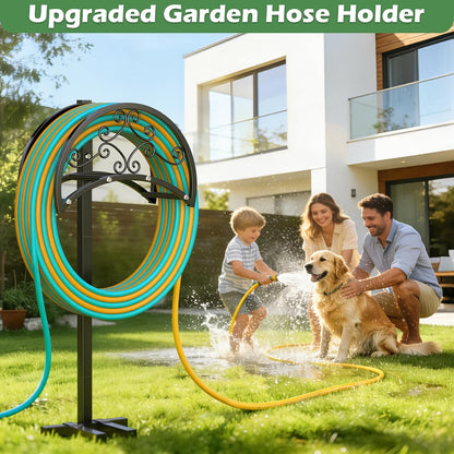 OLV Hose Holder Holds 150-ft Water Pipe, Outdoor Freestanding Heavy Duty Water Hose Holder Reel with 4 Spikes, Detachable Metal Hose Storage Stand Hanger Rack for Outside Yard Lawn Farm, Black