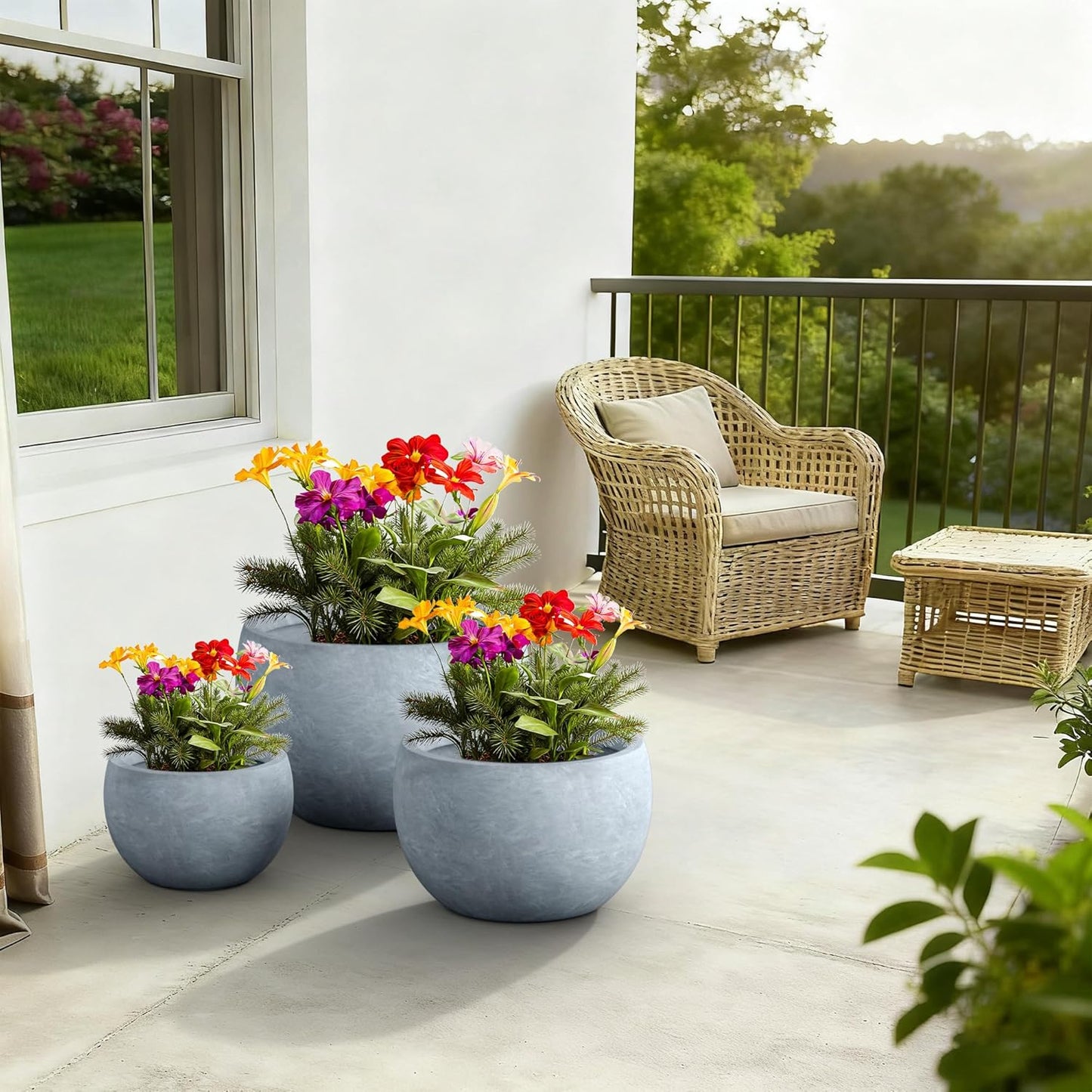 Large Round Bowl Vintage BRN Concrete Planter 19.9" Dia, Outdoor