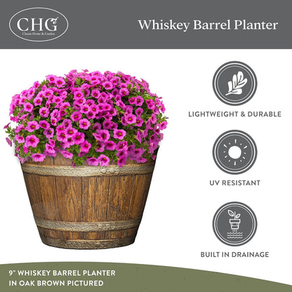Classic Home & Garden by Growscape Whiskey Barrel Planters, Wooden Finish Flower Planter Pot, Decorative Garden Pots, Indoor Outdoor Resin Planters, Weather-Resistant Plant Pot (15” Oak Brown, 1-Pack)