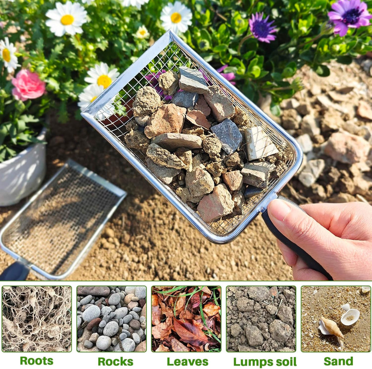 Gardening Soil Sifter Pack of 2 - Garden Sand Soil Compost Sifter with Handle - Two Garden Sifters (3.8mm and 5mm Mesh),Ideal for Sand, Rocks, Dirt, Compost - Perfect for Gardening