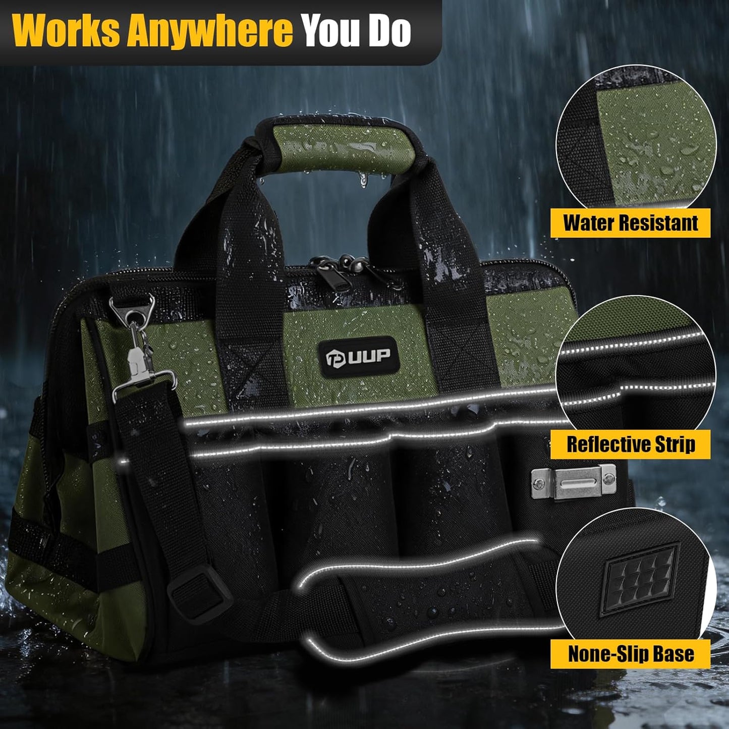 UUP Heavy Duty Tool Bag 15-Inch, 16-Pocket Portable Empty Tool Box Organizer, Big Storage Toolbox Organization, Soft Handle Large Zipper Carrying Toolbag, Father Day Gifts for Him Dad Men, Green