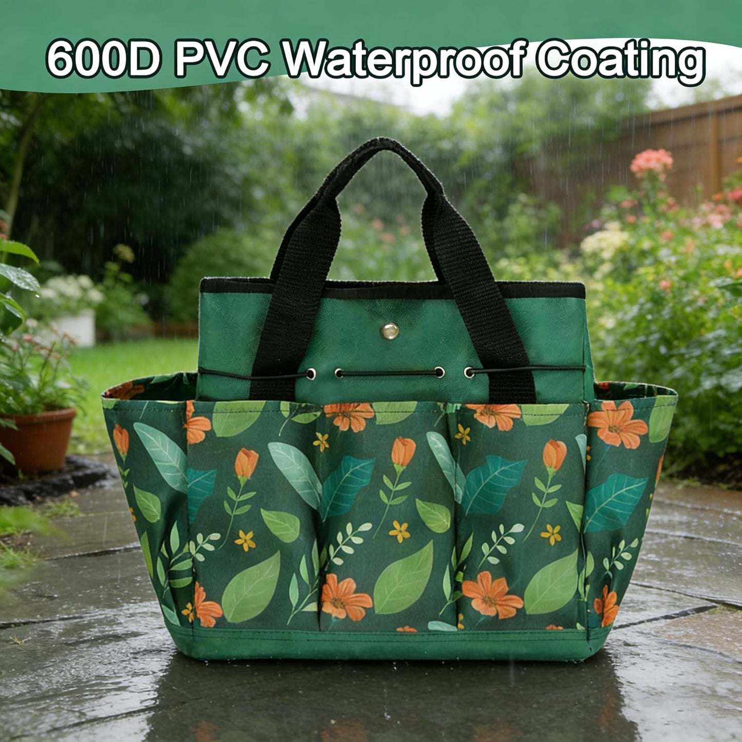 Waterproof Garden Tool Bag, 600D Oxford Portable Gardening Tote with Handle & Multi Pockets, Ideal Gifts for Parents Women (Green, Tools Not Included)