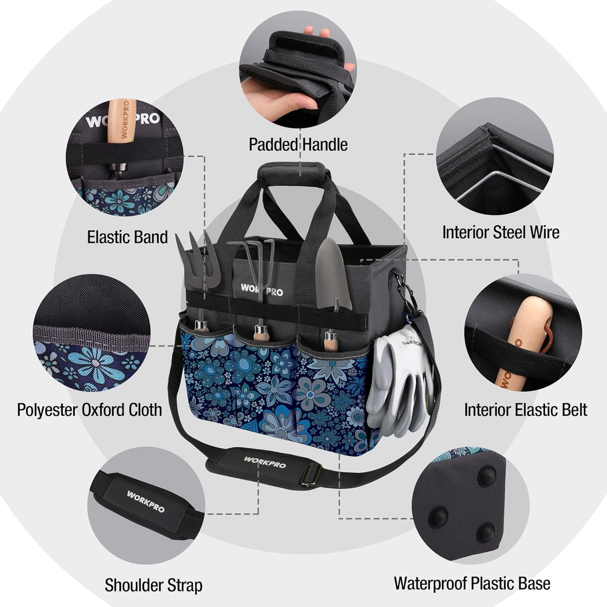 WORKPRO Garden Tool Bag Organizer, Heavy Duty Gardening Tote Bag with 10 Pockets and Long Adjustable Shoulder Strap, Standable Garden Home Tool Kits Organizer, Green (Tools are not Included)