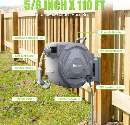5/8" × 110 ft Retractable Hose Reel, Heavy Duty Retractable Garden Hose Reel Wall Mounted with 10-Pattern Hose Nozzle/Any Length Lock/Slow Return System/180°Swivel Bracket
