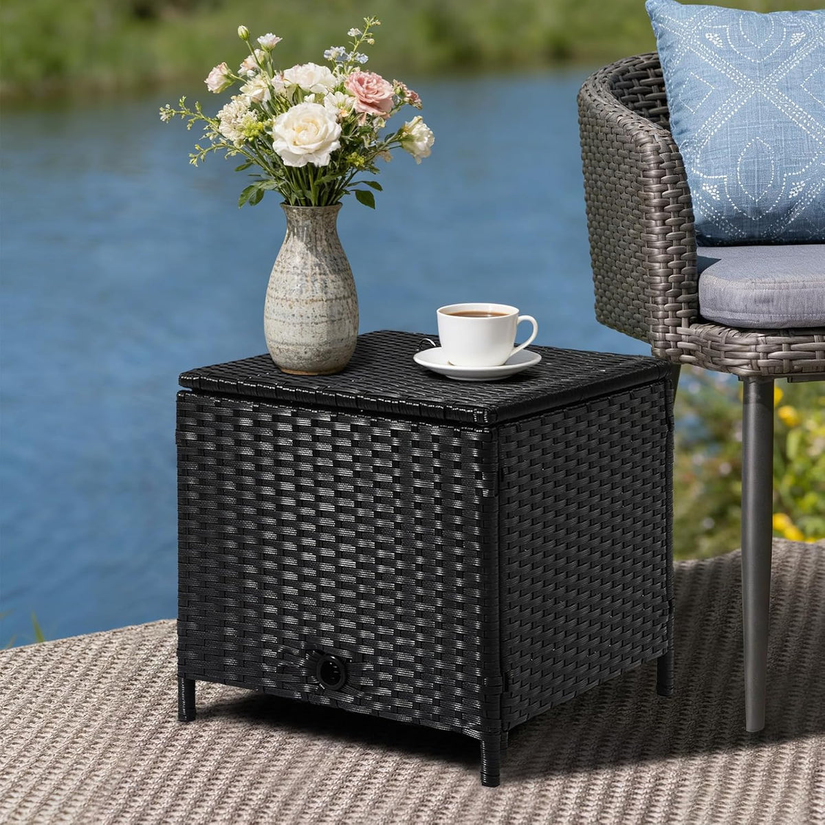 Decorative Garden Hose Storage Box with Lid, Weather Resistant Handwoven PE Rattan Water Hose Holder, Storage For Garden Tools, 200FT 5/8'' Hose Capacity