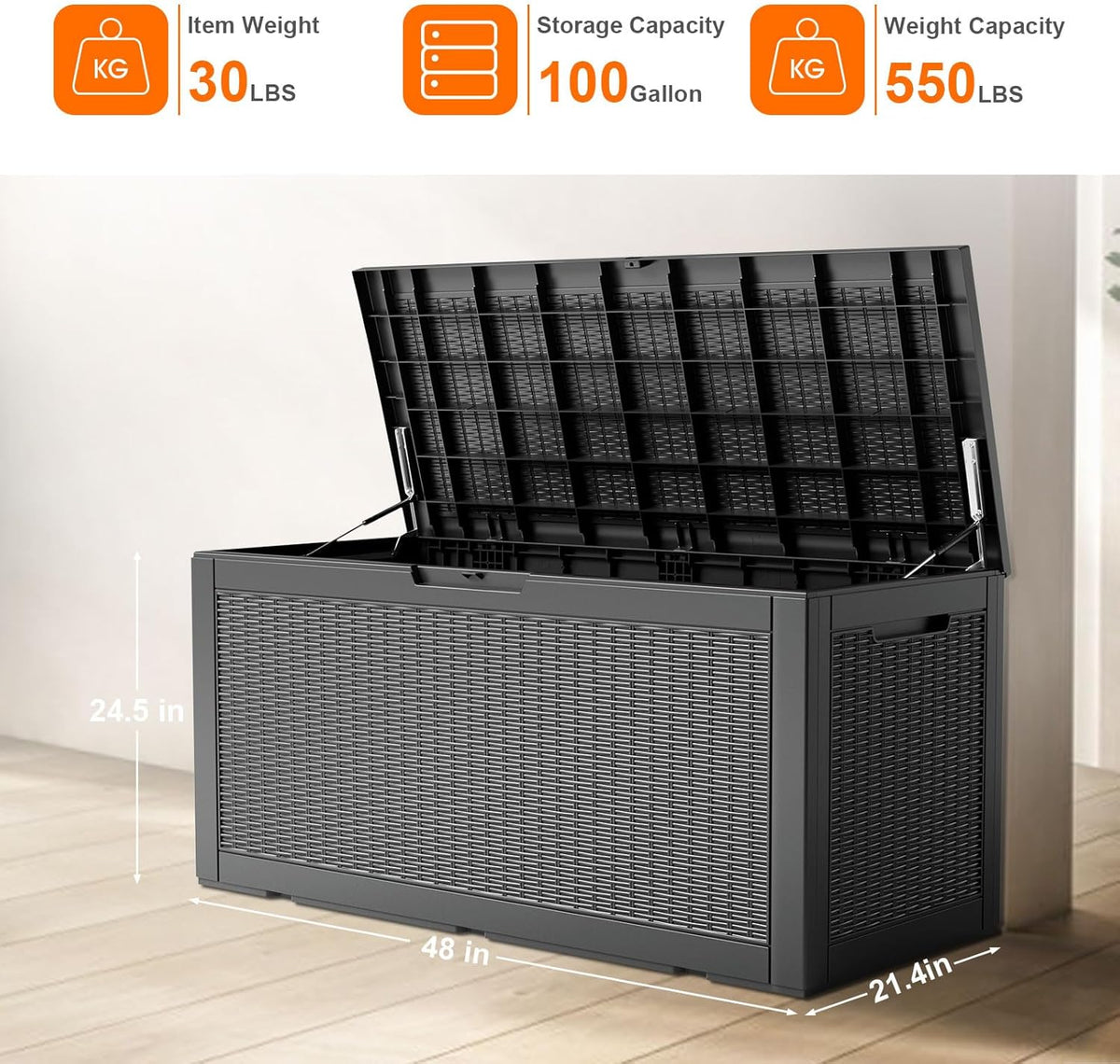 30 Gallon Outdoor Deck Box, Lockable Waterproof Outdoor Storage Boxes For Garden Tools,Indoor Cushions,Accessories Outside Storage Resin Weatherproof Container(Black)