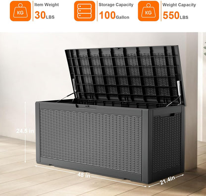 30 Gallon Outdoor Deck Box, Lockable Waterproof Outdoor Storage Boxes For Garden Tools,Indoor Cushions,Accessories Outside Storage Resin Weatherproof Container(Black)