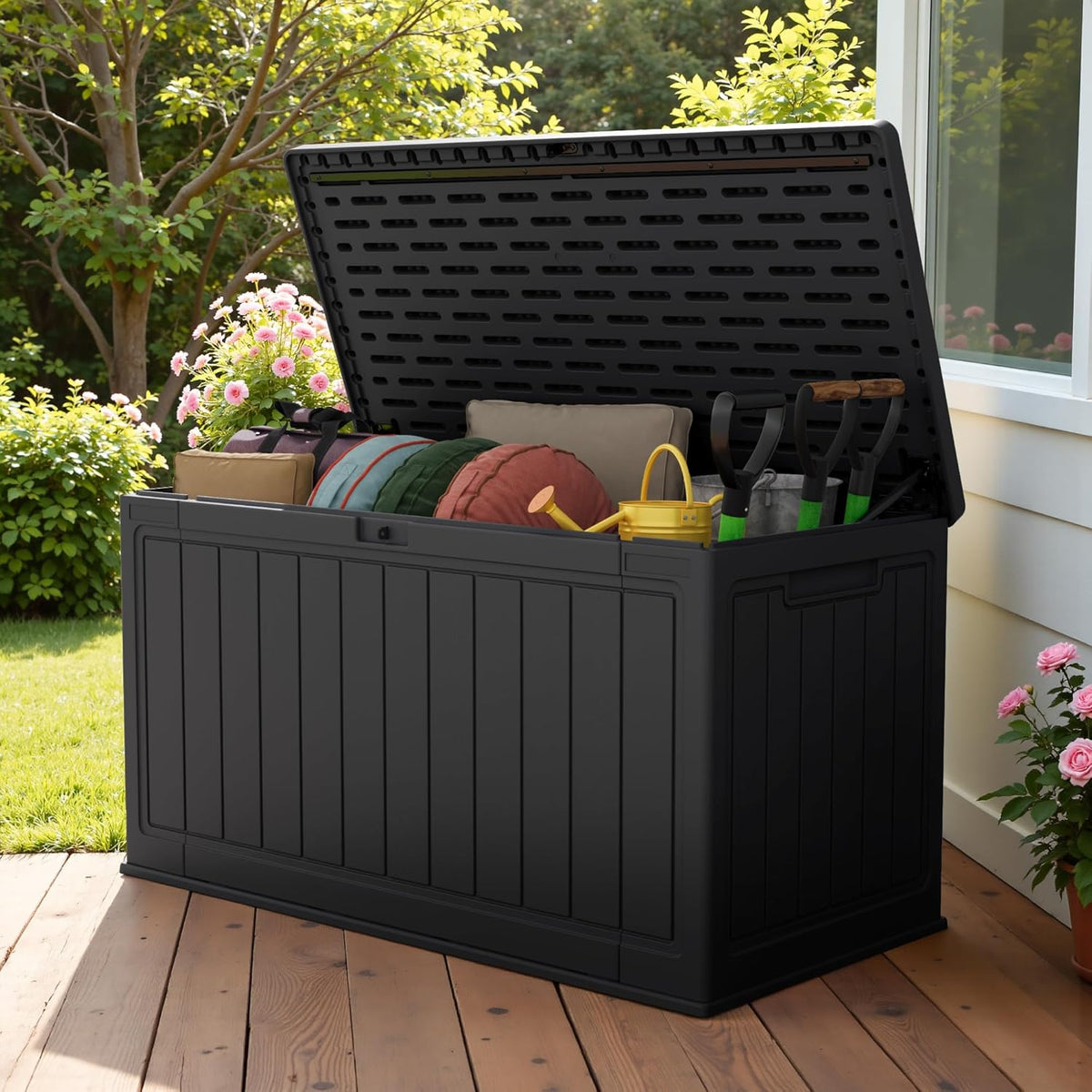 30 Gallon Resin Deck Box Waterproof Outdoor Storage Box for Patio Furniture Pool Accessories Indoor Storage for Cushion Garden Tools (30 Gallon, Black)