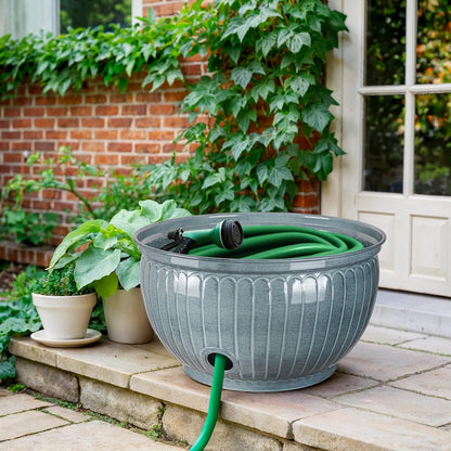 Monarch Abode Garden Hose Holder with Lid – Decorative Water Hose Holders for Outside, Arch Embossed Metal Patina Pot with Drainage, 100ft Waterhose Holder for Outside, Garden Storage Caddy