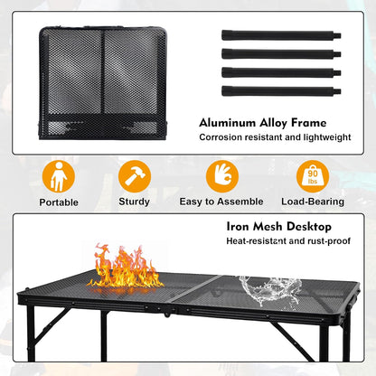 GREGIN Camping Table with Mesh Desktop, Lightweight & Portable Small Folding Grill Table, Height Adjustable Metal Outdoor Table for Camp, Cooking, BBQ, RV, Picnic-2 FT Black