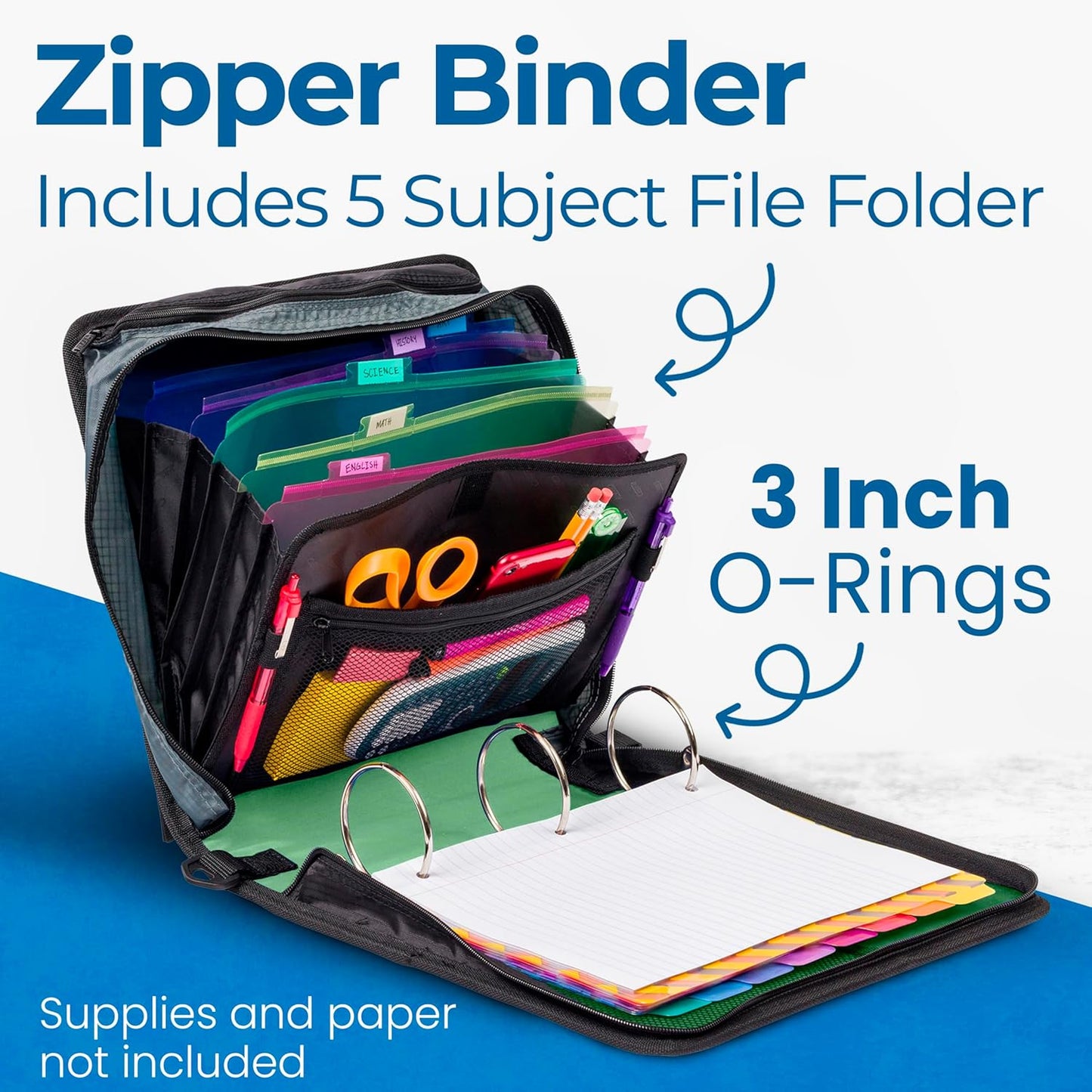 School Zipper Binder | 3-Inch O-Rings | 600-Sheet | D-146 Key Lime