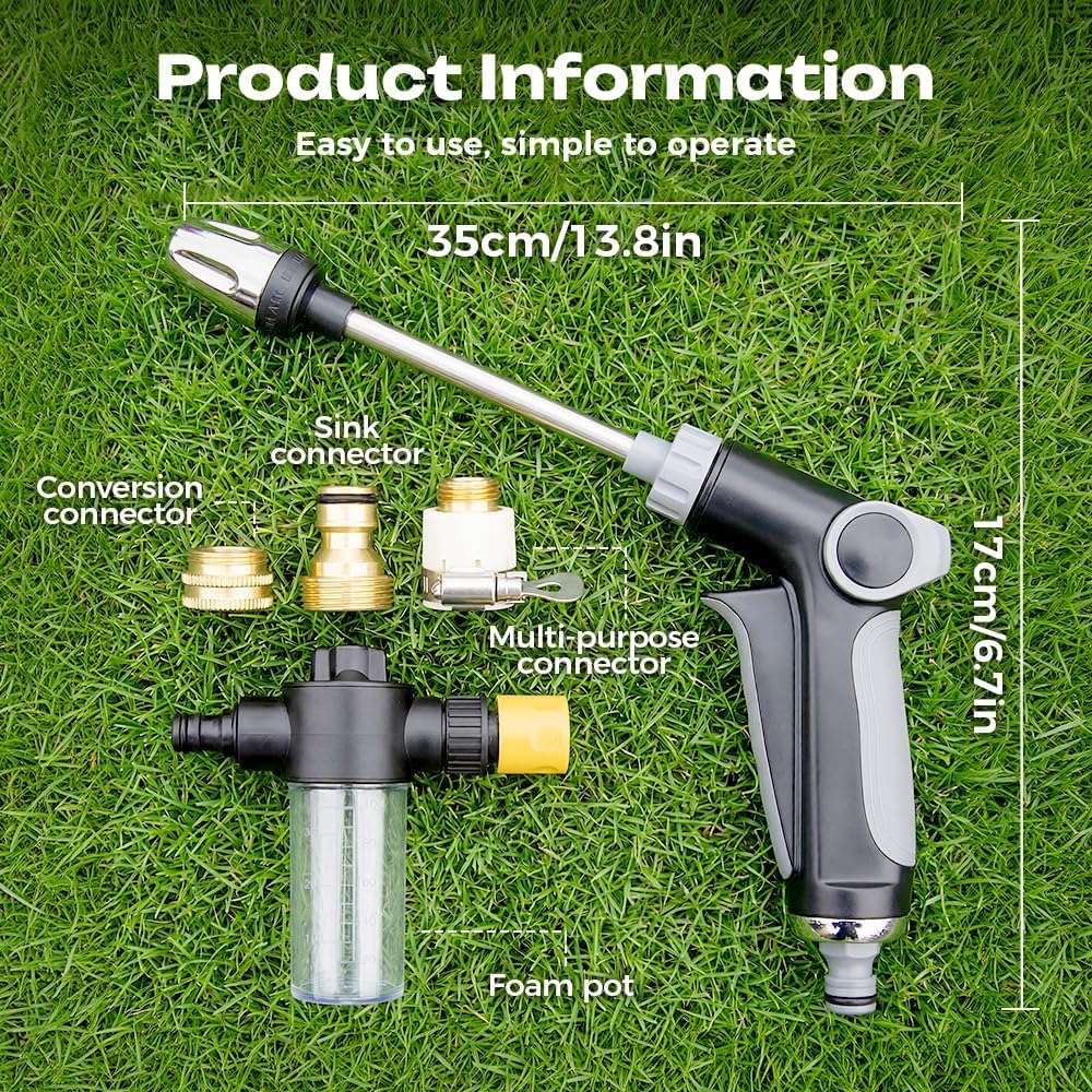 High Pressure Washer, Adjustable High Pressure Hose Nozzle with 360° Rotating, Heavy-Duty Outdoor Cleaning Tool For Garden Hose Car Washing, Garden & Patio (Gray)