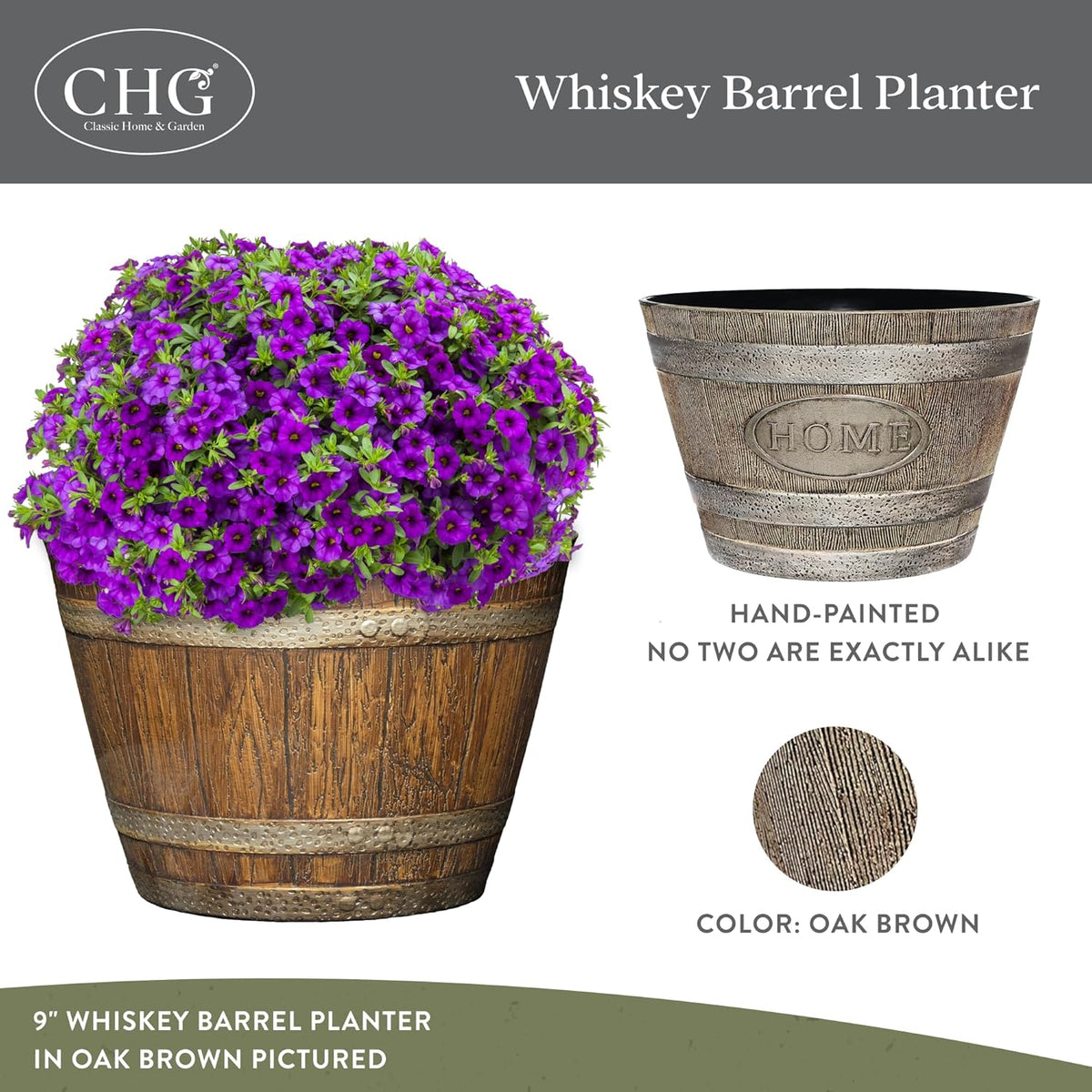 Classic Home & Garden by Growscape Whiskey Barrel Planters, Wooden Finish Flower Planter Pot, Decorative Garden Pots, Indoor Outdoor Resin Planters, Weather-Resistant Plant Pot (15” Oak Brown, 1-Pack)