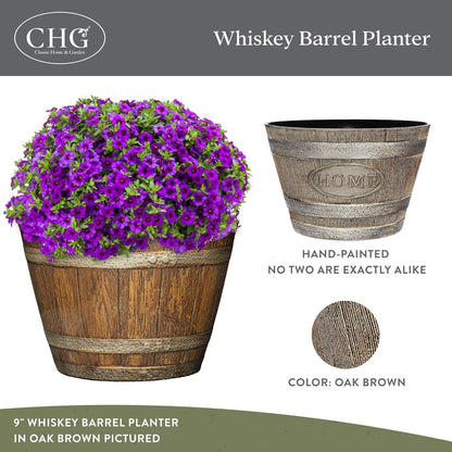 Classic Home & Garden by Growscape Whiskey Barrel Planters, Wooden Finish Flower Planter Pot, Decorative Garden Pots, Indoor Outdoor Resin Planters, Weather-Resistant Plant Pot (15” Oak Brown, 1-Pack)