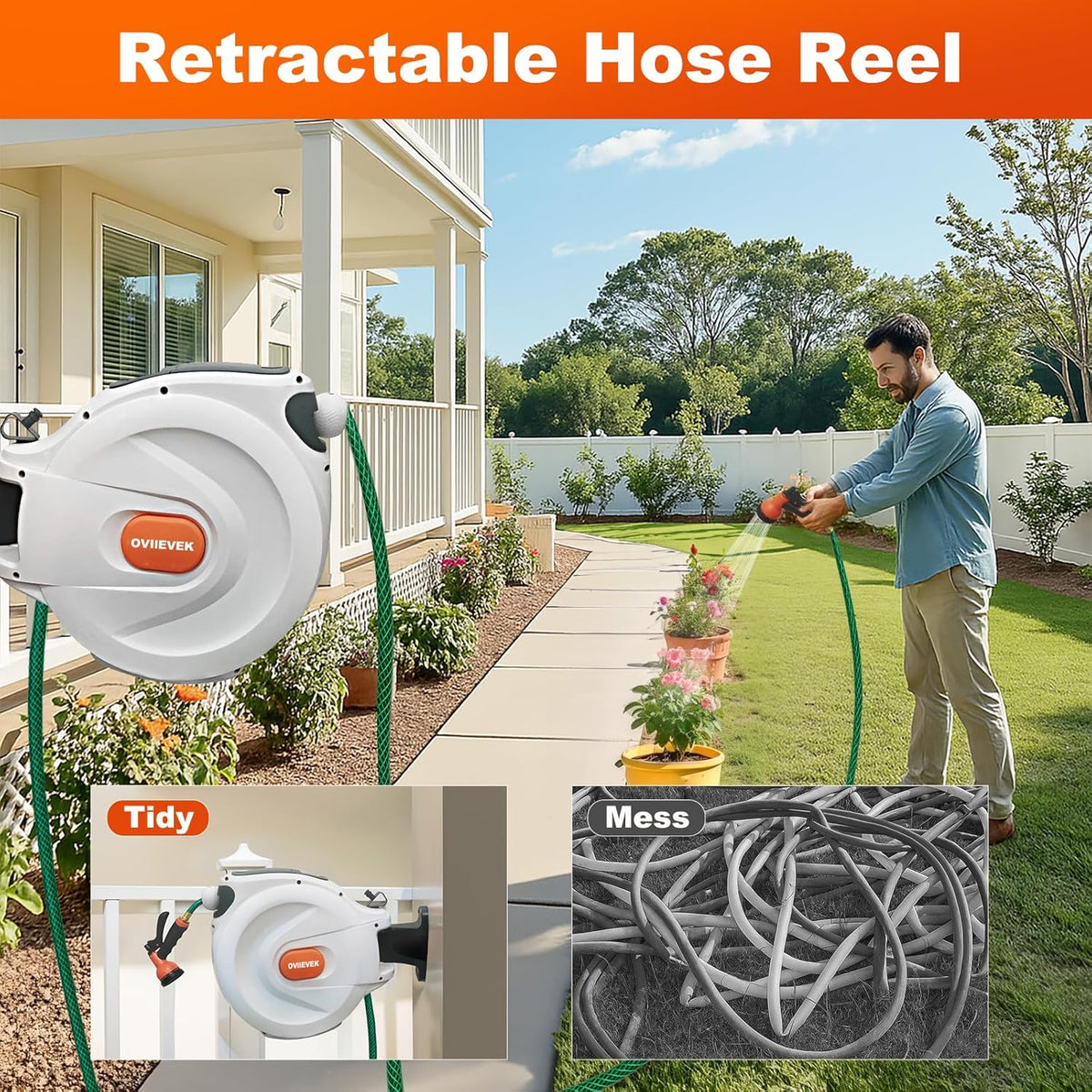Retractable Garden Hose Reel,1/2 Inch x 100ft Wall Mounted Hose Wall,180° Swivel Bracket,With Built-in Nozzle,Slow Retraction Any Length Lock.