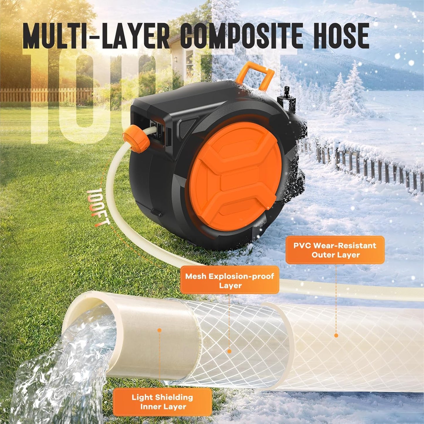 Retractable Garden Hose Reel 1/2" 100ft, 2-in-1 Wall Mount & Portable Auto Rewind Water Hose Reel with Any Length Lock & 180° Swivel, Heavy Duty Outdoor Hose Storage for Garden, Patio and Car Washing